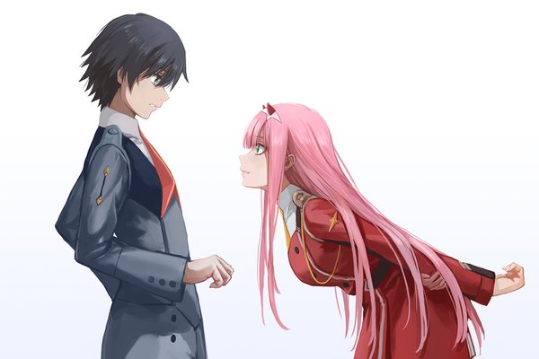 Anime picture 1500x1000 with darling in the franxx studio trigger zero two (darling in the franxx) hiro (darling in the franxx) redpoke long hair short hair black hair simple background white background green eyes pink hair profile horn (horns) leaning leaning forward eye contact holding arm girl boy