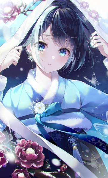 Anime picture 5230x8639 with original yuna (deadawon) single tall image looking at viewer blush fringe highres short hair open mouth blue eyes black hair standing absurdres nail polish traditional clothes head tilt fingernails arms up fur trim