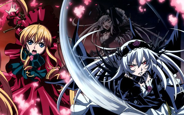 Anime picture 1920x1200 with rozen maiden suigintou shinku fringe highres open mouth blue eyes blonde hair hair between eyes wide image multiple girls silver hair very long hair official art drill hair lolita fashion goth-loli girl dress 2 girls