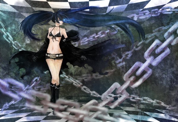 Anime picture 1900x1300 with black rock shooter black rock shooter (character) masami chie single long hair highres blue eyes black hair twintails midriff torn clothes glowing glowing eye (eyes) checkered floor girl gloves navel shorts boots chain
