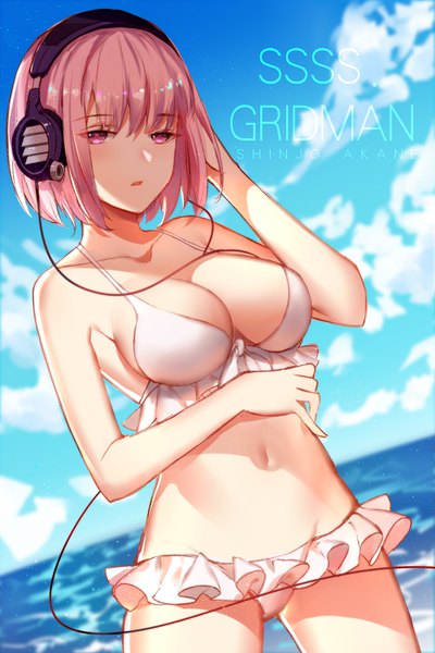 Anime picture 1000x1500 with gridman universe ssss.gridman studio trigger shinjou akane 2503288592 single tall image looking at viewer blush fringe short hair breasts light erotic hair between eyes large breasts standing pink hair sky cleavage cloud (clouds)