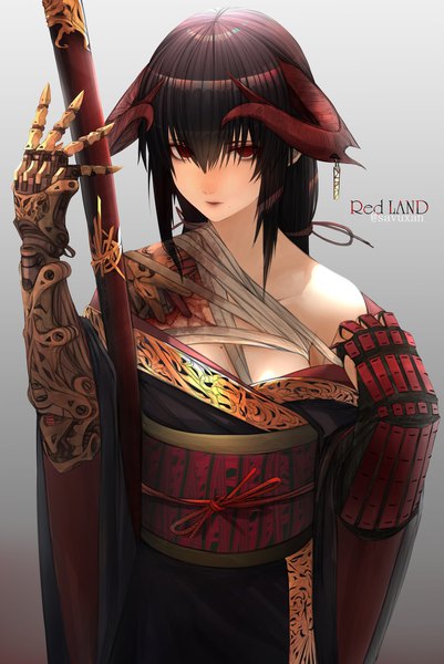 Anime-Bild 1366x2044 mit original savan single long hair tall image looking at viewer fringe breasts black hair simple background hair between eyes red eyes standing twintails bare shoulders signed payot upper body traditional clothes japanese clothes