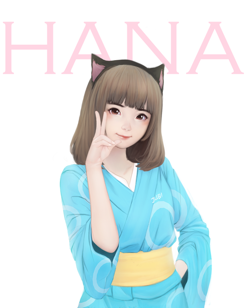Anime picture 2400x3000 with original hana (jubi) jubi (regiana) single tall image looking at viewer fringe highres short hair brown hair brown eyes signed animal ears upper body blunt bangs traditional clothes japanese clothes arm up light smile lips