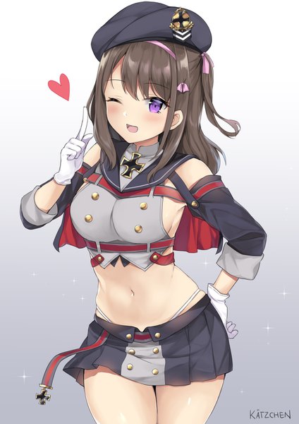 Anime picture 1013x1433 with azur lane z35 (azur lane) kaetzchen single long hair tall image looking at viewer blush fringe breasts open mouth light erotic simple background brown hair large breasts standing purple eyes signed payot pleated skirt