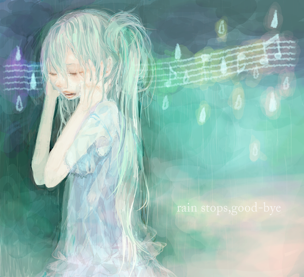 Anime picture 1300x1185 with vocaloid hatsune miku ray (artist) single long hair eyes closed aqua hair tears crying music girl