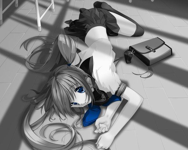 Anime picture 1350x1080 with ueda ryou long hair blue eyes monochrome spot color girl serafuku