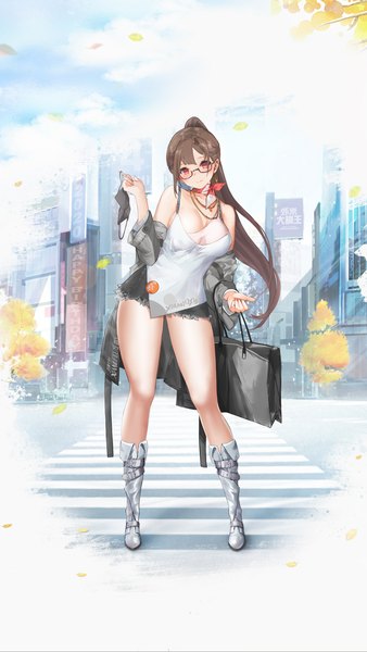 Anime picture 2048x3640 with original virtual youtuber xiami007 single long hair tall image looking at viewer blush fringe highres breasts light erotic smile red eyes brown hair large breasts standing bare shoulders holding payot