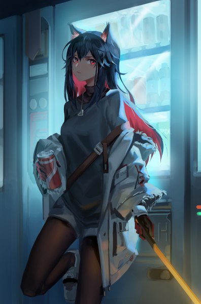 Anime picture 4000x6062 with arknights texas (arknights) xiaofengliuxing single long hair tall image looking at viewer fringe highres black hair hair between eyes red eyes standing holding animal ears absurdres bent knee (knees) red hair multicolored hair off shoulder