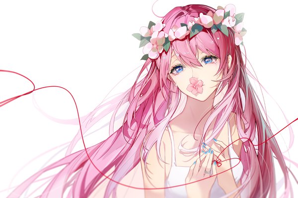Anime picture 1500x1000 with vocaloid just be friends (vocaloid) megurine luka indai (3330425) single long hair fringe blue eyes simple background hair between eyes white background looking away pink hair upper body nail polish tears flower in mouth girl flower (flowers) wreath