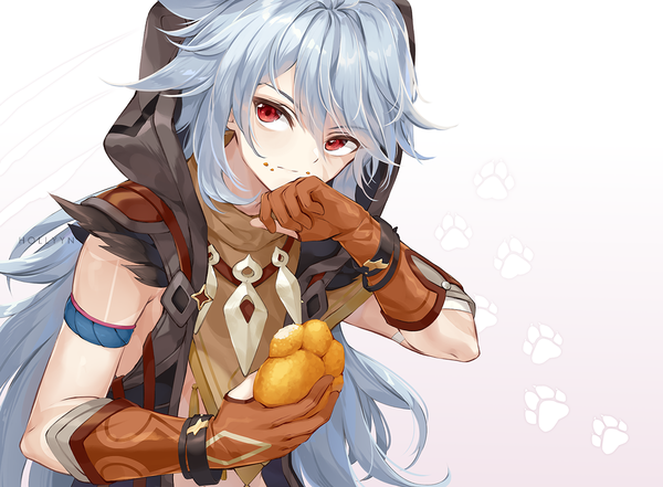 Anime picture 1210x890 with genshin impact razor (genshin impact) hollyyn single long hair looking at viewer fringe hair between eyes red eyes white background signed silver hair upper body paw print food on face boy gloves food hood