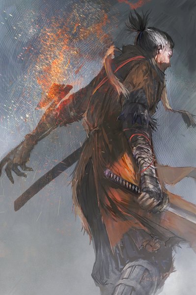 Anime picture 1085x1632 with sekiro: shadows die twice from software sekiro guri otoko single tall image short hair black hair standing holding signed ponytail from behind spread arms boy weapon sword katana