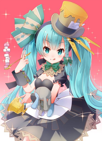 Anime picture 1200x1651 with alice in wonderland mad hatter sakura (superbunnys) single tall image looking at viewer blush fringe breasts simple background smile hair between eyes standing twintails holding green eyes cleavage blunt bangs braid (braids) very long hair