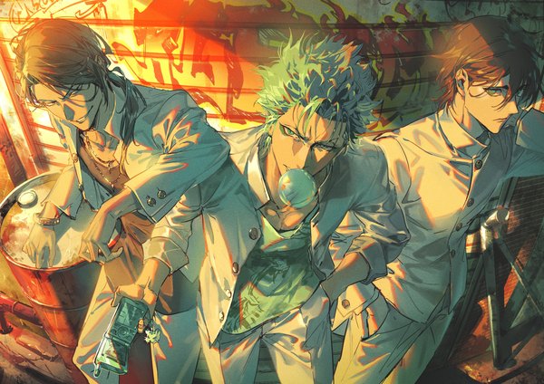 Anime picture 4093x2894 with bleach studio pierrot ulquiorra schiffer grimmjow jeagerjaques nnoitra jiruga bikkusama long hair looking at viewer fringe highres short hair smile hair between eyes brown hair green eyes absurdres from above aqua hair multiple boys grin