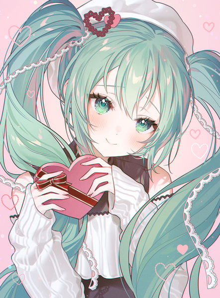 Anime picture 1000x1356 with vocaloid hatsune miku fymrie single long hair tall image blush fringe smile hair between eyes twintails bare shoulders upper body long sleeves head tilt aqua eyes aqua hair sleeves past wrists pink background valentine