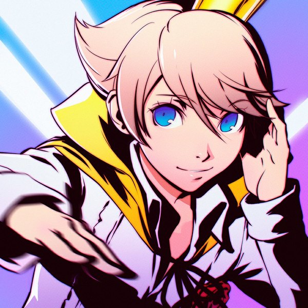 Anime picture 900x900 with persona 4 persona kuma (persona 4) ilya kuvshinov single looking at viewer fringe short hair blue eyes blonde hair smile adjusting hair portrait girl