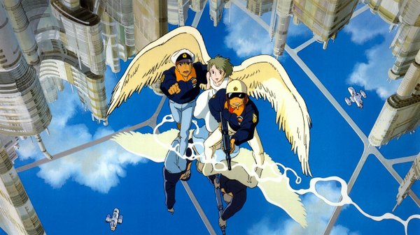 Anime picture 1365x768 with on your mark studio ghibli looking at viewer short hair wide image sky cloud (clouds) from above multiple boys city reflection angel wings angel girl boy weapon wings water gun 2 boys
