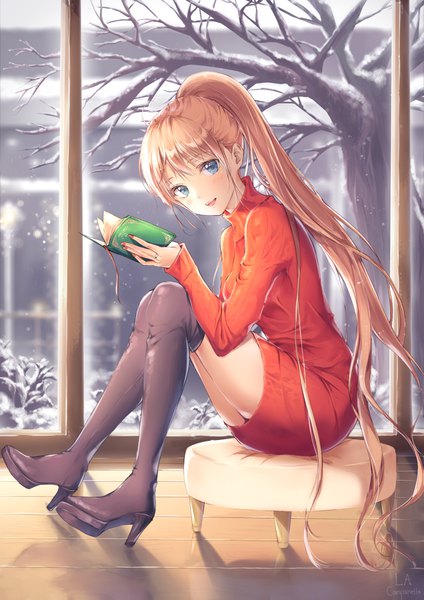 Anime picture 800x1132 with original la campanella single tall image looking at viewer fringe open mouth blue eyes blonde hair sitting holding signed full body ponytail indoors very long hair nail polish high heels snowing winter