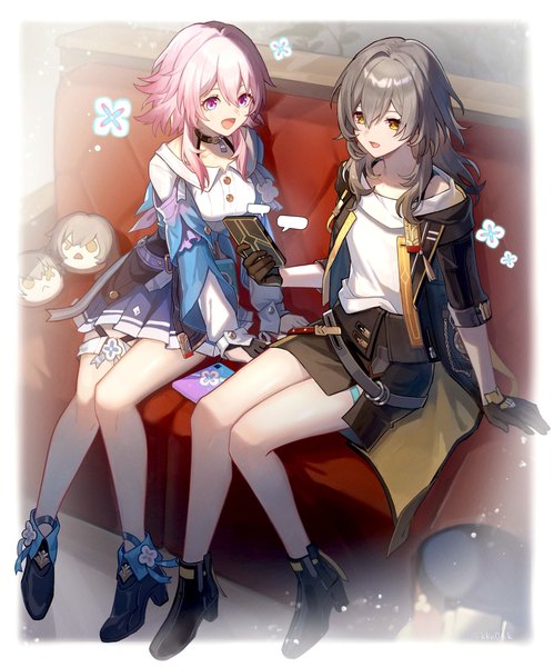 Anime picture 1704x2048 with honkai: star rail honkai (series) march 7th (honkai: star rail) trailblazer (honkai: star rail) stelle (honkai: star rail) kino (m6t2a) long hair tall image fringe highres short hair open mouth hair between eyes sitting multiple girls yellow eyes looking away pink hair full body :d