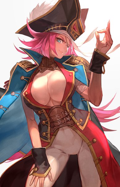 Anime picture 971x1500 with fate (series) fate/grand order fate/extra francis drake (fate) lack single long hair tall image looking at viewer breasts blue eyes light erotic simple background large breasts white background pink hair light smile covered navel scar clothes on shoulders