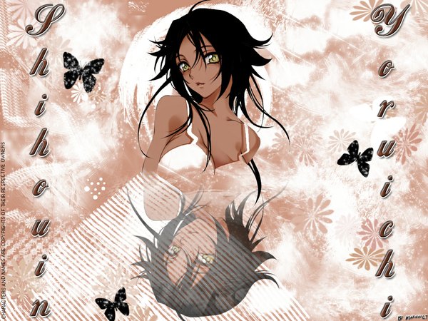 Anime picture 1024x768 with bleach studio pierrot shihouin yoruichi black hair yellow eyes wallpaper dark skin hell butterfly