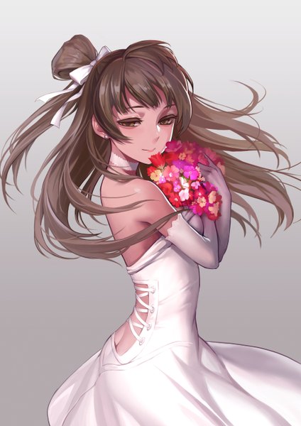 Anime picture 990x1400 with love live! school idol project sunrise (studio) love live! minami kotori as109 single long hair tall image looking at viewer fringe simple background brown hair standing brown eyes grey background hair bun (hair buns) one side up lacing girl dress