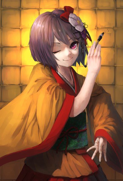 Anime picture 880x1290 with touhou hieda no akyuu berabou single tall image looking at viewer fringe short hair brown hair standing traditional clothes japanese clothes one eye closed pink eyes hair flower light smile wink yellow background girl hair ornament