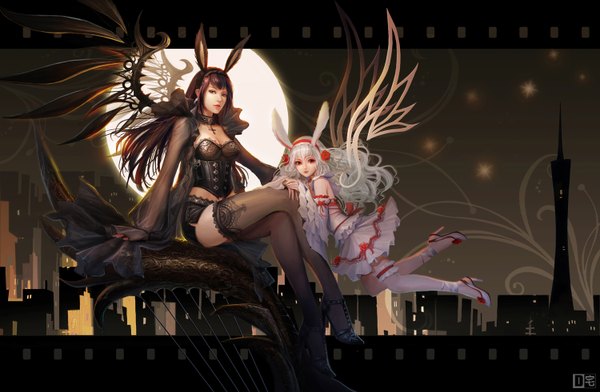 Anime picture 1500x982 with original d-zhai long hair black hair red eyes multiple girls white hair bunny ears girl thighhighs dress black thighhighs 2 girls white thighhighs wings moon
