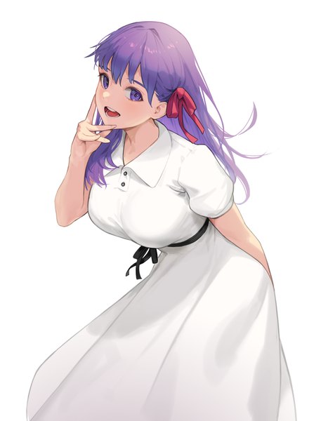 Anime picture 1999x2625 with fate (series) fate/stay night heaven's feel matou sakura cotta (heleif) single long hair tall image looking at viewer highres open mouth simple background white background purple eyes purple hair :d puffy sleeves arm behind back girl dress