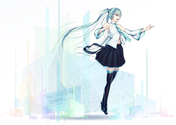 イラスト 1600x1131 と ボーカロイド 初音ミク oki (koi0koi) ソロ 長髪 開いた口 ツインテール 肩出し looking away 全身 aqua eyes aqua hair 絶対領域 character names 女の子 ストッキング スカート 黒ストッキング 袖だけ ミニスカート