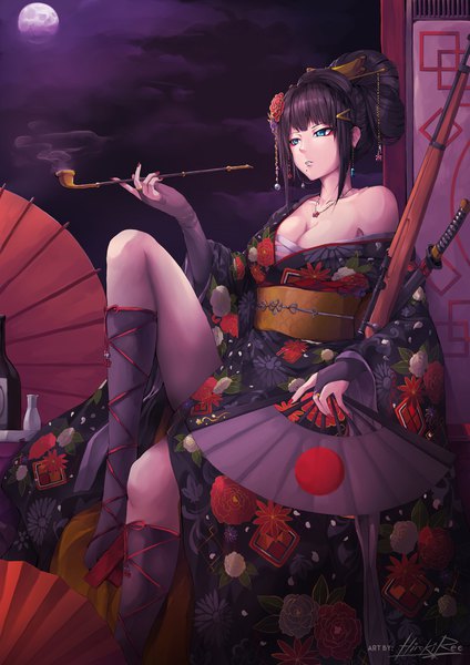 Anime picture 1320x1866 with love live! sunshine!! sunrise (studio) love live! kurosawa dia hiroki ree single long hair tall image breasts light erotic black hair holding signed payot looking away cleavage full body nail polish traditional clothes japanese clothes