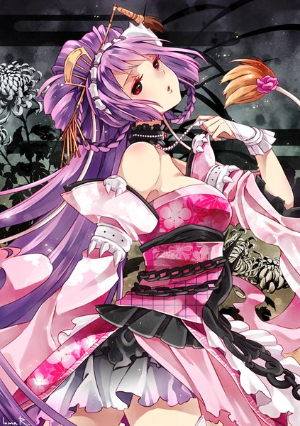 Anime picture 650x922 with original inma r. single tall image blush fringe red eyes bare shoulders holding signed payot purple hair braid (braids) very long hair parted lips head tilt wide sleeves girl dress gloves
