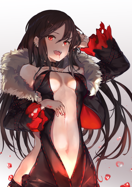 Anime picture 1215x1719 with fate (series) fate/grand order yu mei-ren (fate) mosta (lo1777789) single long hair tall image looking at viewer fringe breasts open mouth light erotic simple background hair between eyes red eyes brown hair large breasts payot :d arm up