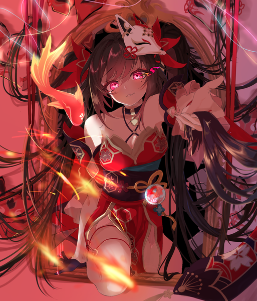 Anime picture 1286x1504 with honkai: star rail honkai (series) sparkle (honkai: star rail) user hthk3433 single long hair tall image looking at viewer blush fringe light erotic smile brown hair twintails bare shoulders payot blunt bangs head tilt pink eyes arm support