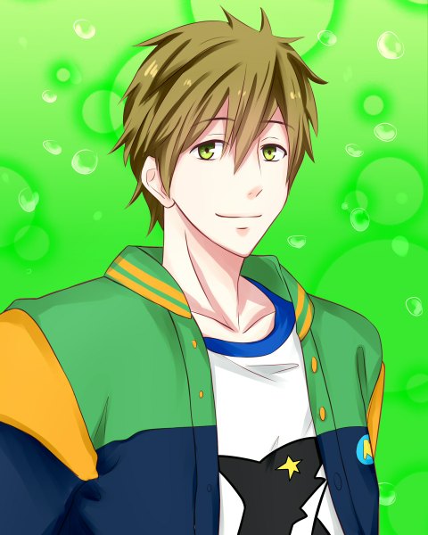 Anime picture 960x1200 with free! kyoto animation tachibana makoto fishchan single tall image looking at viewer short hair simple background smile brown hair green eyes green background boy bubble (bubbles)