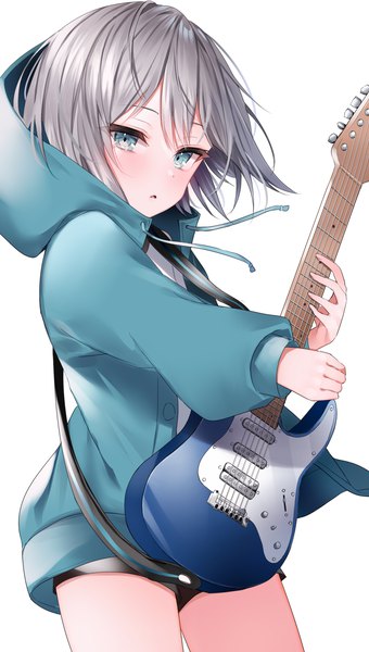 Anime picture 1200x2120 with bang dream! aoba moca komomo (ptkrx) single tall image blush short hair simple background standing white background silver hair aqua eyes girl shorts hood short shorts hoodie musical instrument guitar electric guitar