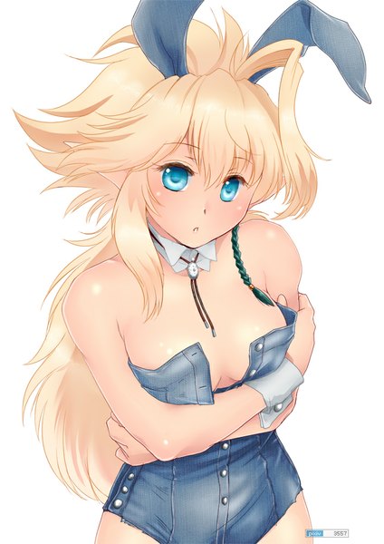 Anime picture 707x1000 with original yagisaka seto (artist) single long hair tall image looking at viewer blush open mouth blue eyes light erotic simple background blonde hair white background bare shoulders animal ears pointy ears no bra :o bunny ears bunny girl