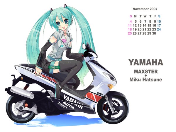 Anime picture 1600x1200 with vocaloid yamaha michelin hatsune miku ayase hikaru single long hair highres open mouth simple background white background twintails :d aqua eyes aqua hair wallpaper 2007 calendar 2007 girl thighhighs