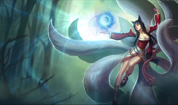 Anime picture 1215x717 with league of legends ahri (league of legends) long hair highres breasts black hair wide image animal ears yellow eyes animal tail magic facial mark multiple tails whisker markings face paint girl detached sleeves tree (trees) forest fireball