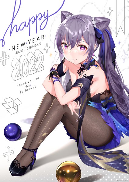Anime picture 1200x1697 with genshin impact keqing (genshin impact) keqing (opulent splendor) (genshin impact) alcoholrang single long hair tall image fringe light erotic smile hair between eyes sitting purple eyes twintails purple hair full body hair bun (hair buns) official alternate costume new year happy new year