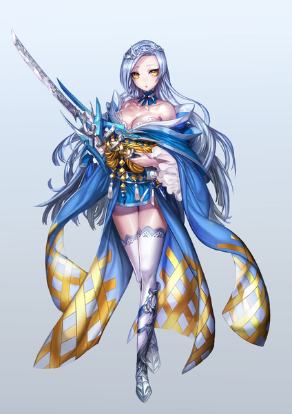 Anime picture 1200x1697 with original bbbox (hotpppink) single long hair tall image looking at viewer breasts simple background bare shoulders yellow eyes silver hair grey background makeup girl thighhighs weapon white thighhighs sword clothes