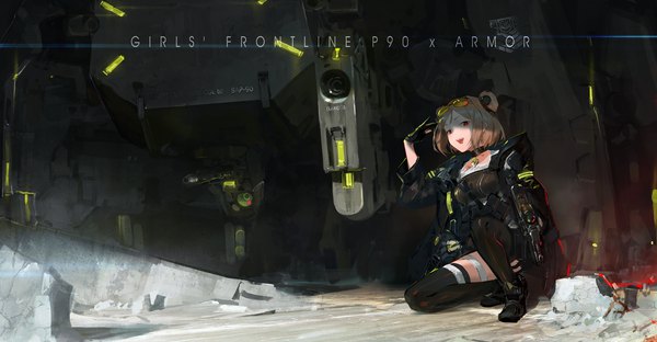 Anime picture 2209x1149 with girls frontline p90 (girls frontline) tommy830219 single looking at viewer highres short hair open mouth red eyes brown hair wide image holding full body bent knee (knees) open jacket hair bun (hair buns) text squat english military