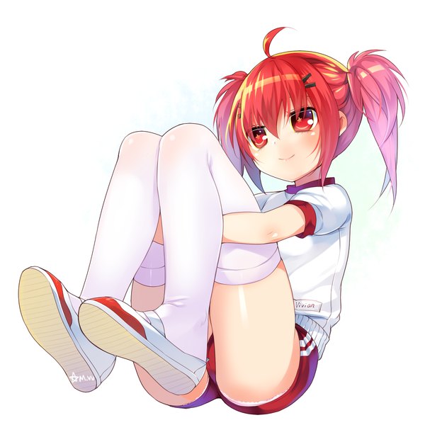 Anime picture 1400x1400 with original vivian (mvv) mvv single blush short hair light erotic smile red eyes white background twintails ahoge red hair short twintails girl thighhighs uniform white thighhighs gym uniform