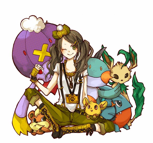 Anime picture 1000x938 with pokemon original nintendo pixiv leafeon drifblim shinx marshtomp growlithe gible pixiv trainer buzz long hair looking at viewer simple background smile brown hair white background sitting twintails