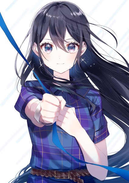 Anime picture 904x1280 with selection project hananoi rena sinsihukunokonaka single long hair tall image looking at viewer fringe black hair hair between eyes purple eyes upper body official art outstretched hand girl ribbon (ribbons) earrings belt fist