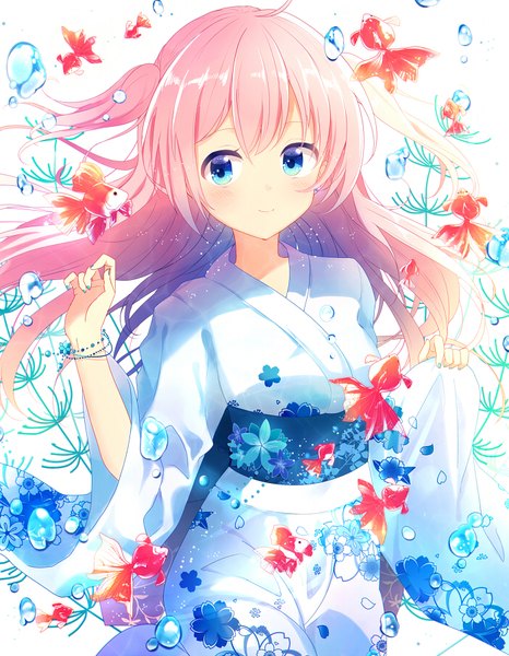 Anime picture 700x900 with original natsume3304 single long hair tall image blush fringe simple background smile hair between eyes white background holding looking away pink hair ahoge nail polish traditional clothes japanese clothes wide sleeves two side up