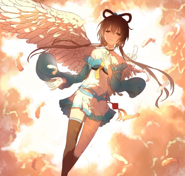 Anime picture 2079x1980 with vocaloid vocaloid china luo tianyi lan jue single long hair looking at viewer highres brown hair twintails bare shoulders green eyes sky cloud (clouds) long sleeves pleated skirt sunlight wide sleeves hand on chest angel wings