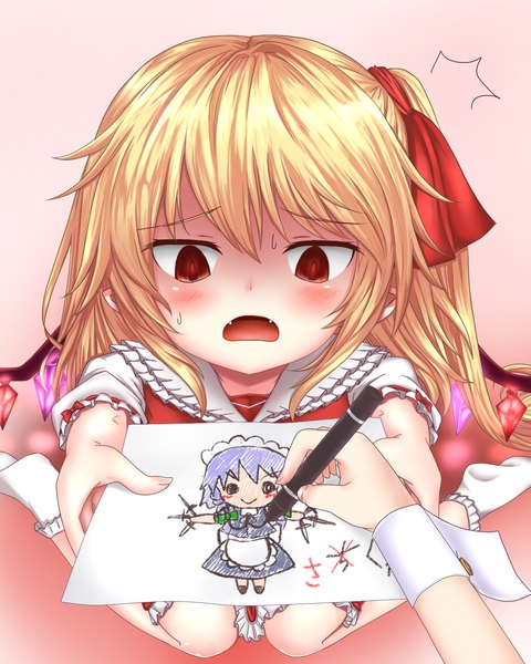 Anime-Bild 1200x1500 mit touhou flandre scarlet izayoi sakuya kuro (baseball0000) long hair tall image blush fringe open mouth blonde hair red eyes sitting multiple girls short sleeves fang (fangs) sweat no shoes side ponytail wariza sweatdrop