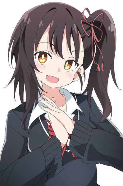 Anime picture 608x920 with kishuku gakkou no juliet lidenfilms komai hasuki ixy single long hair tall image blush open mouth simple background brown hair white background brown eyes upper body :d fang (fangs) side ponytail hands clasped girl uniform
