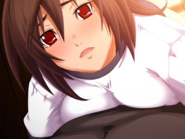 Anime picture 1024x768 with kansen ball buster blush short hair open mouth black hair red eyes game cg girl uniform gym uniform