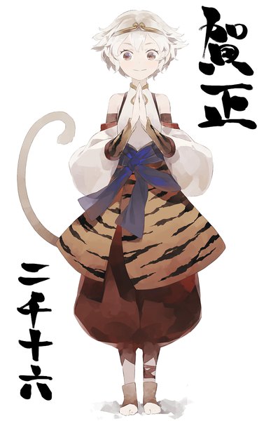 Anime picture 715x1106 with original shihou (g-o-s) single tall image looking at viewer short hair simple background smile red eyes standing white background bare shoulders animal ears full body white hair tail animal tail new year hands clasped animal print